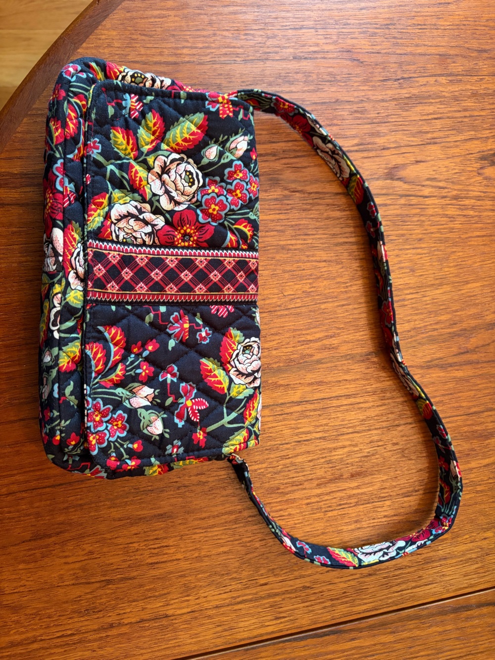 Vera Bradley Black Quilted Crossbody with Red, Cream & Green Floral Accents